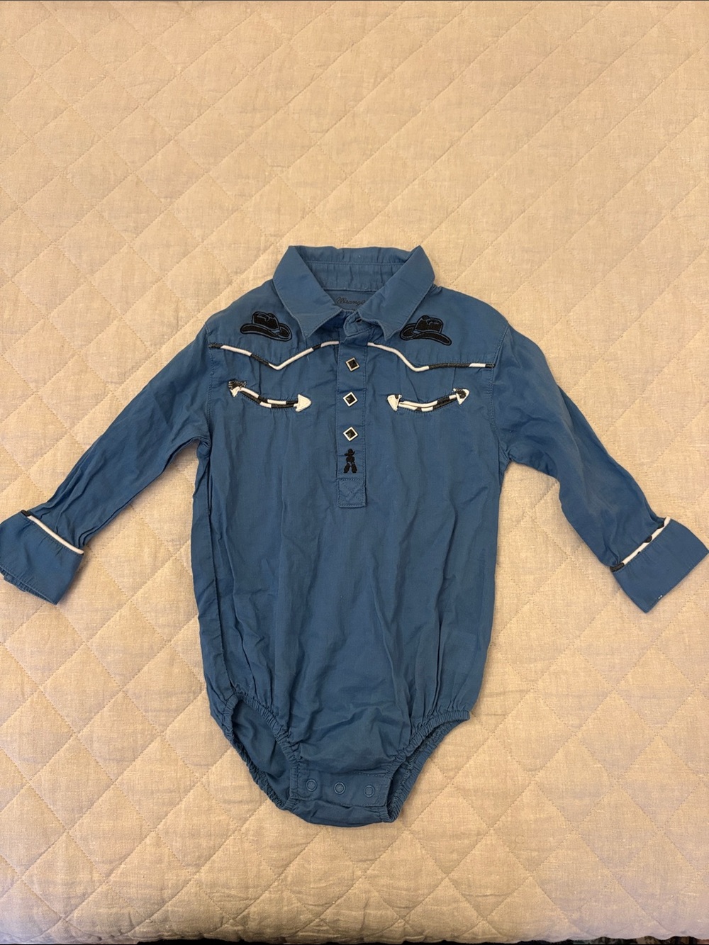 Wrangler Blue Long-Sleeve Polo Bodysuit with White Trim